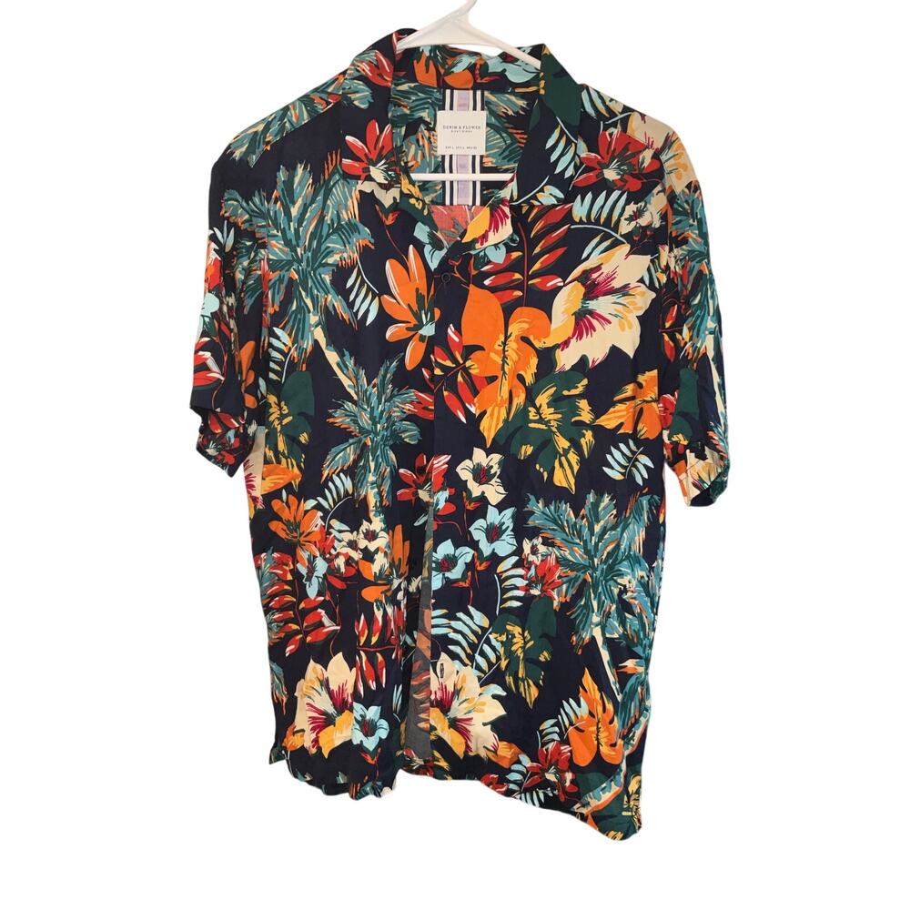Denim & Flower Ricky Singh Hawaiian Floral Blue Orange Short Sleeve Shirt Size L